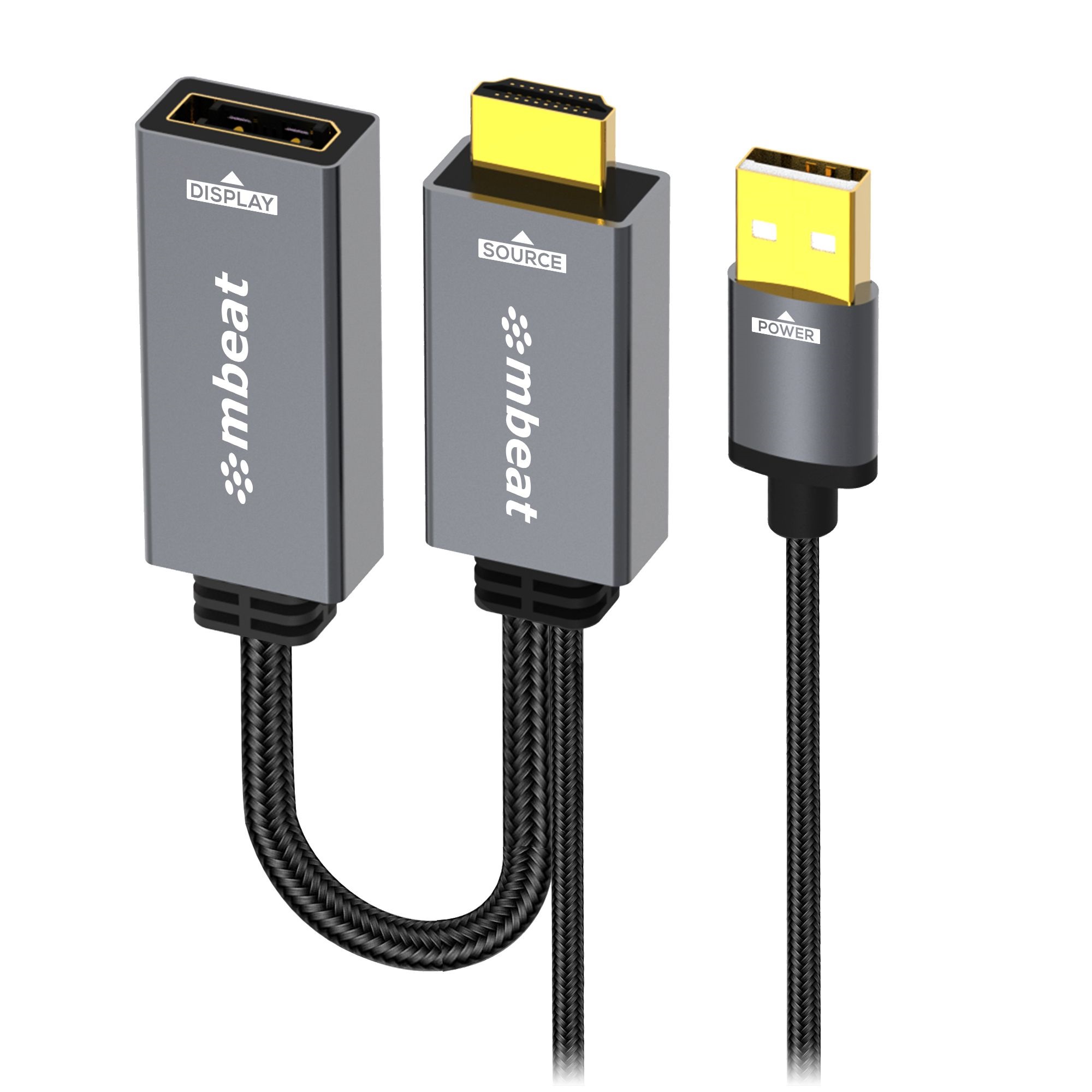 mbeat Tough Link HDMI to DisplayPort Active Adapter with USB Power - 4K60Hz Support, Aluminium Casing, 15cm Nylon Braided Cable