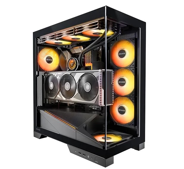 OKINOS AQ9 ARGB Mid Tower PC Case with 5×120mm ARGB PWM Fans, 270° Tempered Glass, Type C 3.2 Gen 2, Dual 360mm Radiator Support