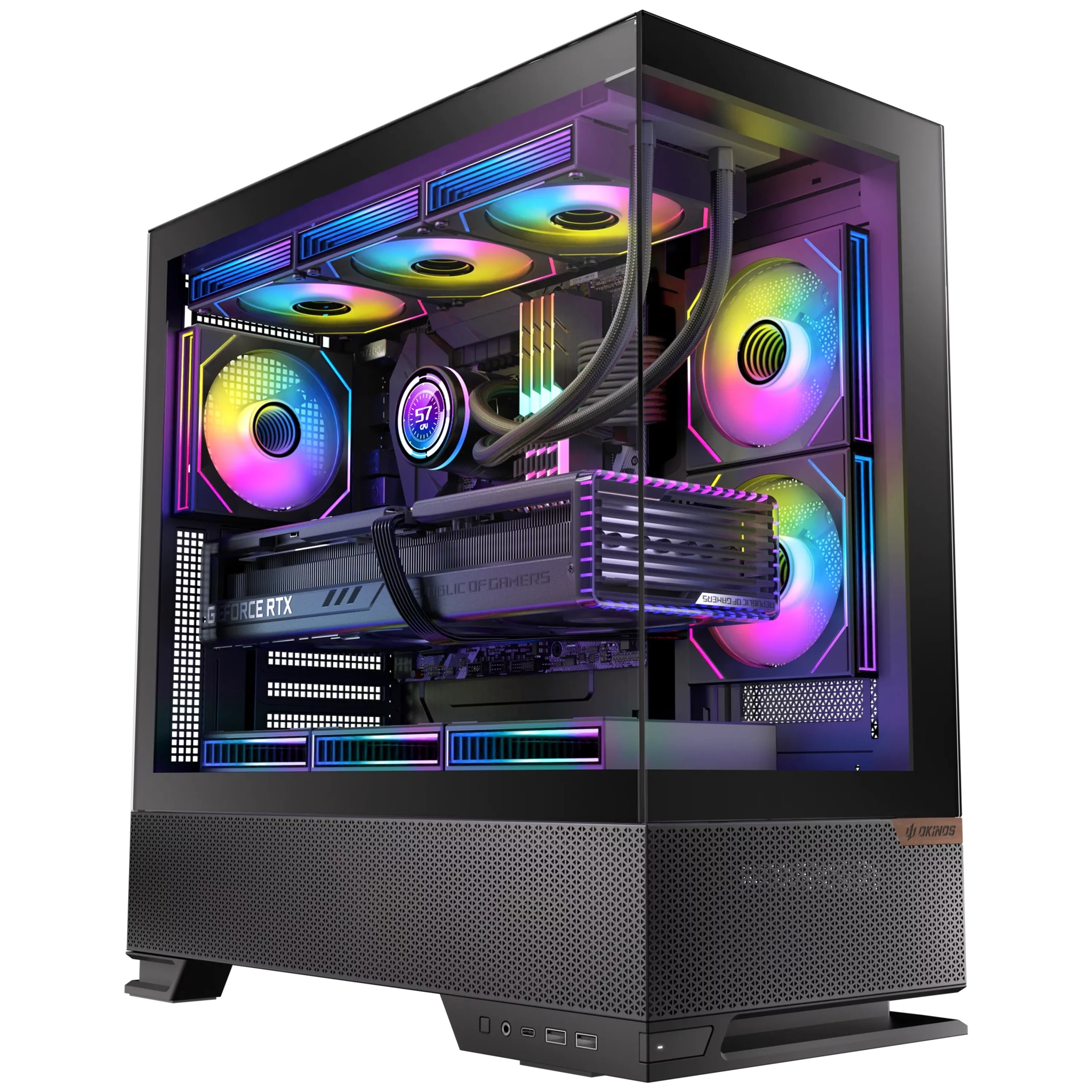 OKINOS Aqua 6 Infinity Mid Tower ATX Case with Tempered Glass, USB-C 10Gbps, 435mm GPU Support, 175mm CPU Cooler, 360mm Radiator, ARGB Fans