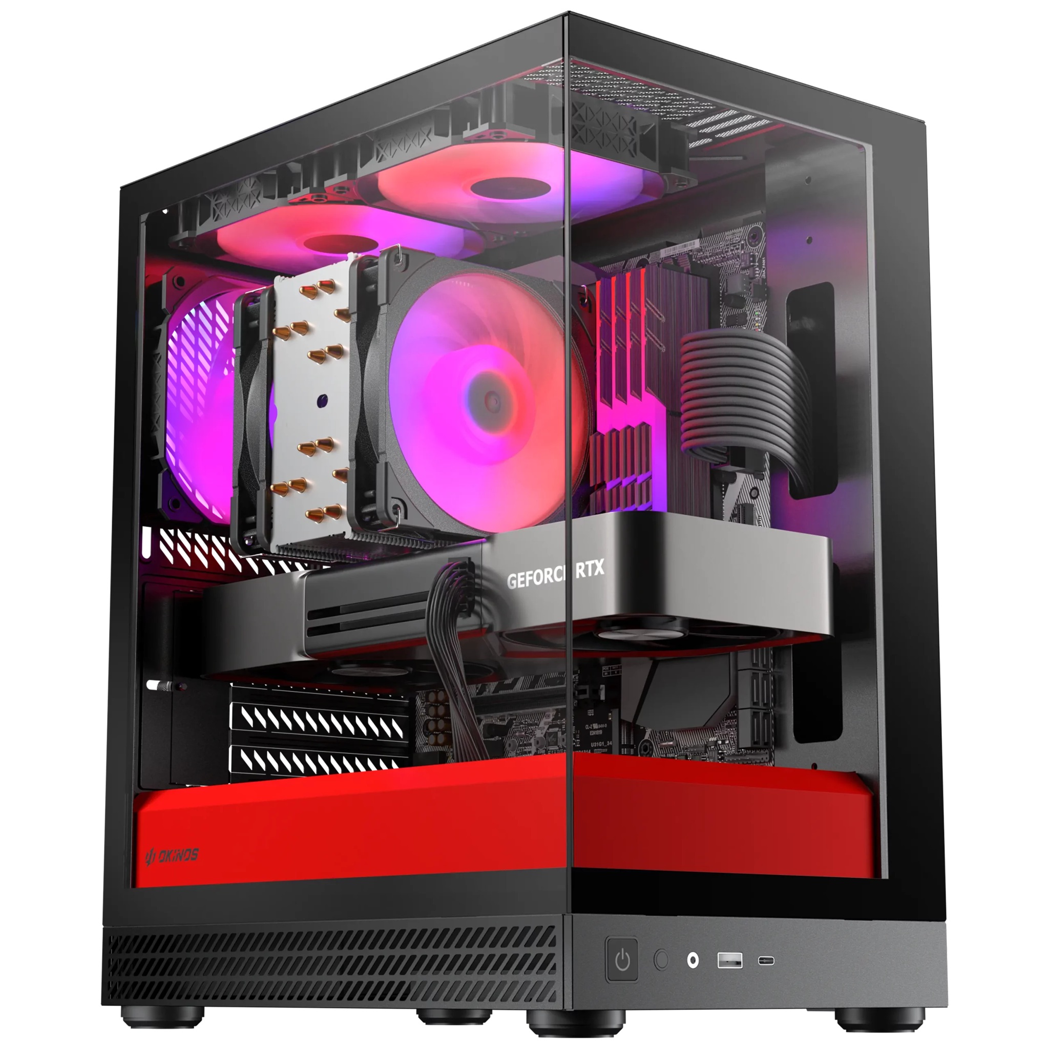 OKINOS AQUA UNO SCARLET Mini Tower Case - Micro-ATX/ITX, 270° Tempered Glass, USB-C 5Gbps, 3 ARGB Fans, 309mm GPU Support, Dust Filters