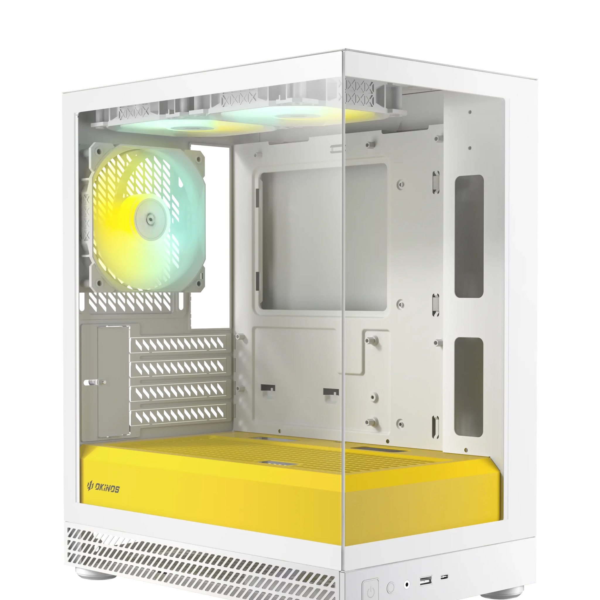 OKINOS AQUA UNO Yolk Mini Tower PC Case with Tempered Glass & 3x120mm ARGB Fans, USB 3.0 + Type-C, Supports GPUs ≤309mm, CPU Coolers ≤165mm