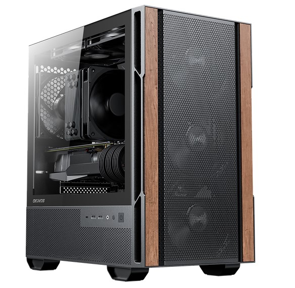 OKINOS Cypress 3 MicroATX Mini Tower PC Case with Genuine Walnut Wood, Tempered Glass Side Panel, USB-C 3.2 Gen 2, and 4x 120mm 3-Pin Non-PWM Fans