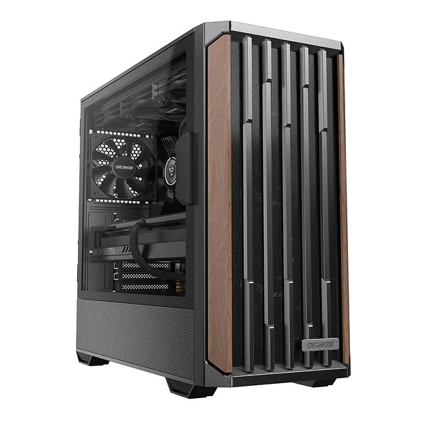 OKINOS Cypress P7 Genuine Walnut Wood Trim ATX PC Case with 4 x 120mm PWM Fans, USB Type-C, Supports 360mm Radiator, Magnetic Tempered Glass Side Panel