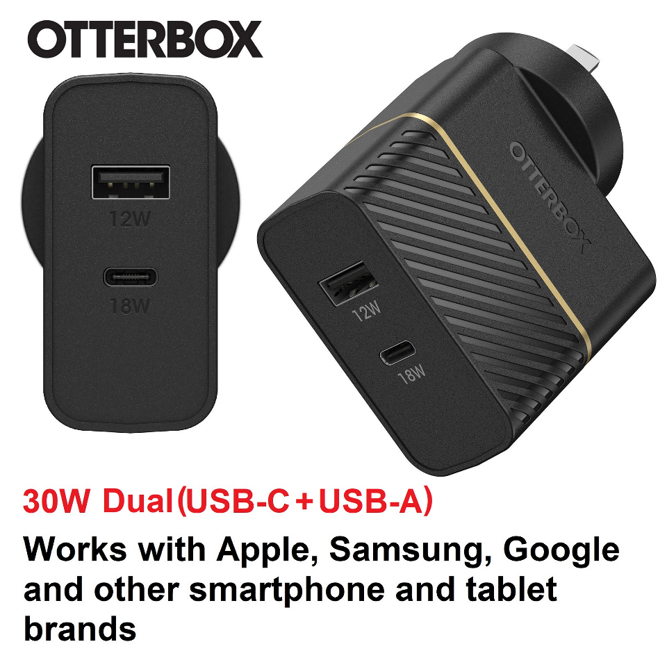 OtterBox 30W Dual Port PD Fast Wall Charger - USB-C 18W + USB-A 12W, Compact, Rugged, Safe Charging