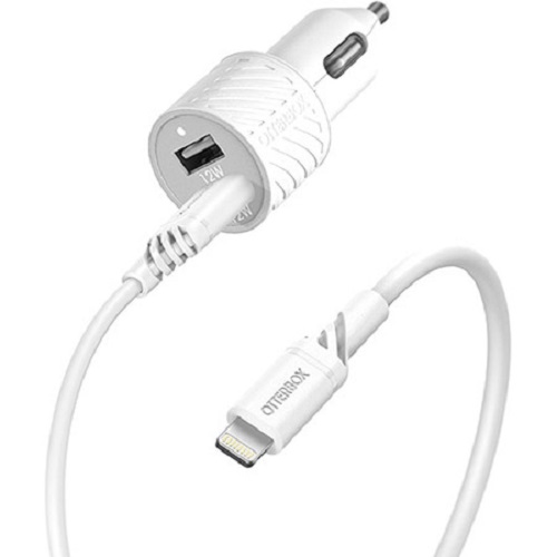 OtterBox Dual Port 24W Car Charger with 1M Lightning to USB-A Cable - White