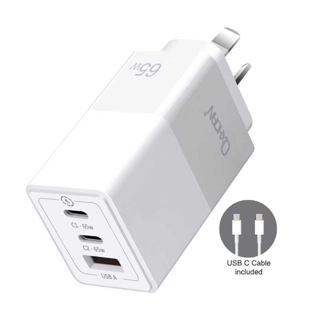 Oxhorn 65W GaN Fast Charger 3-Port USB-C PD3.0 QC4.0 PPS with 1m 100W USB-C Cable – AUS Approved, Compact & Portable