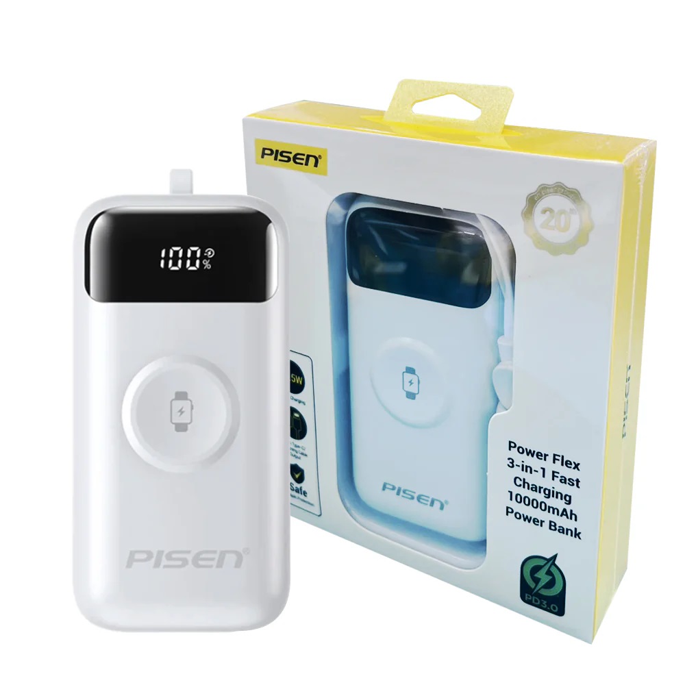 Pisen Flex 22.5W 10000mAh Power Bank with Integrated Lightning & USB-C Cables and Smartwatch Wireless Charging - White