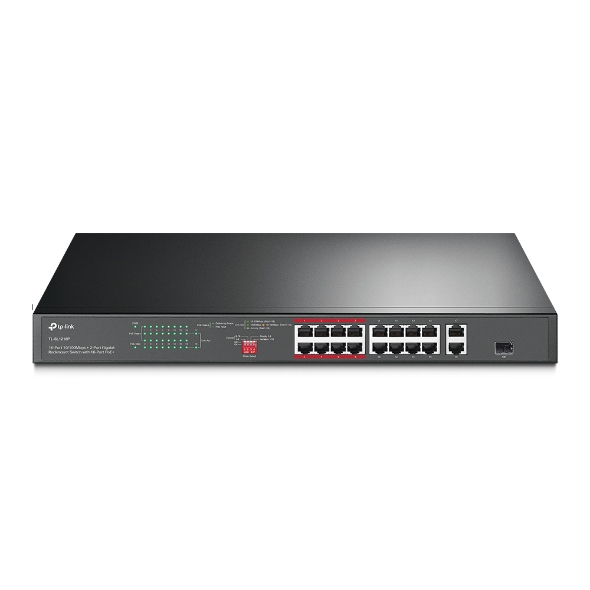 TP-Link TL-SL1218P 16-Port PoE+ 10/100 Mbps + 2-Port Gigabit Rackmount Switch with 150W Power Budget and Extend Mode