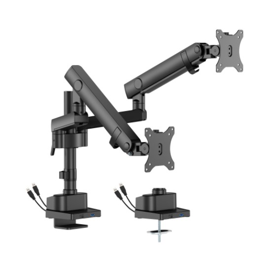 Brateck LDT84-C024UCP-B Dual Screen Heavy-Duty Pole-Mounted Mechanical Spring Monitor Arm with USB-A & USB-C Ports, Fits 17-35 Inch Screens