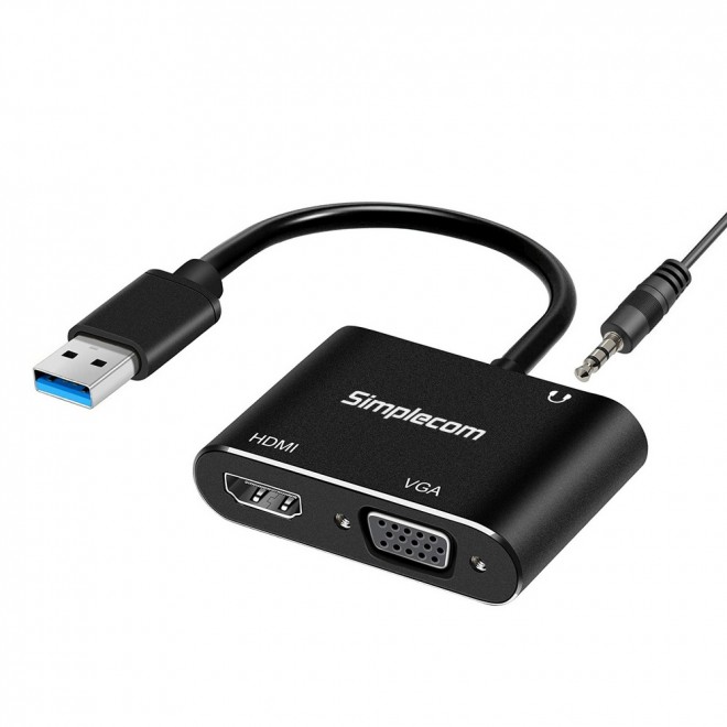 Simplecom DA316A USB to HDMI + VGA Video Card Adapter with 3.5mm Audio – USB-A to Dual Display Adapter Supporting 1080p, Mirror & Extended Mode