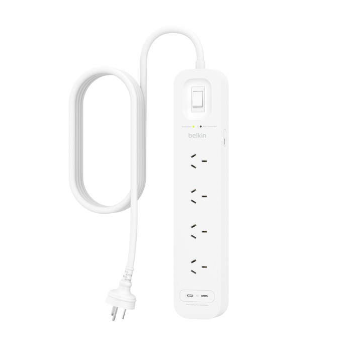 Belkin SurgePro 4-Outlet Surge Protector with Dual USB-C 30W Ports, 525J Joules, 2m Cord, RCM Certified & $40,000 CEW - White (SRB005AU2M)