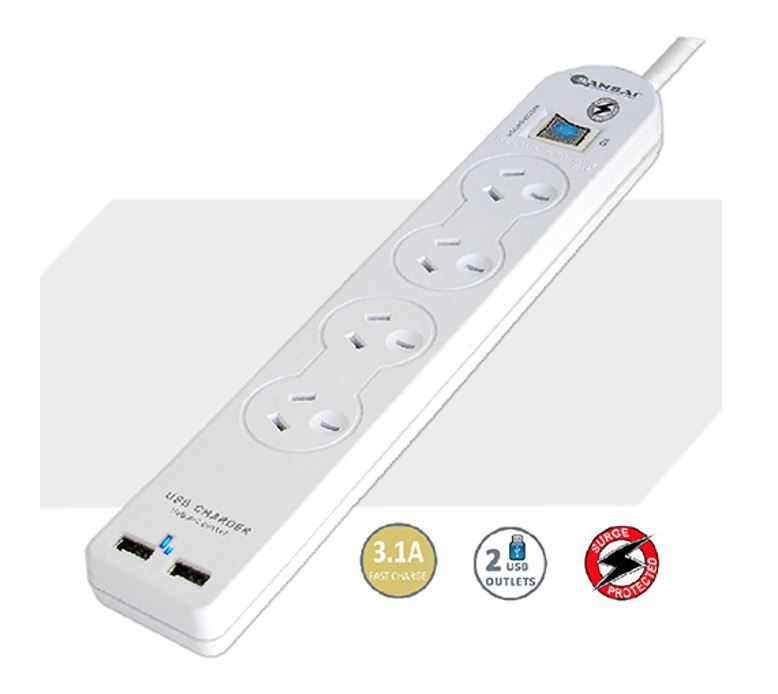 Sansai 4 Way Powerboard with 2 USB-A Chargers, Master Switch, Surge & Overload Protection, 1M Lead