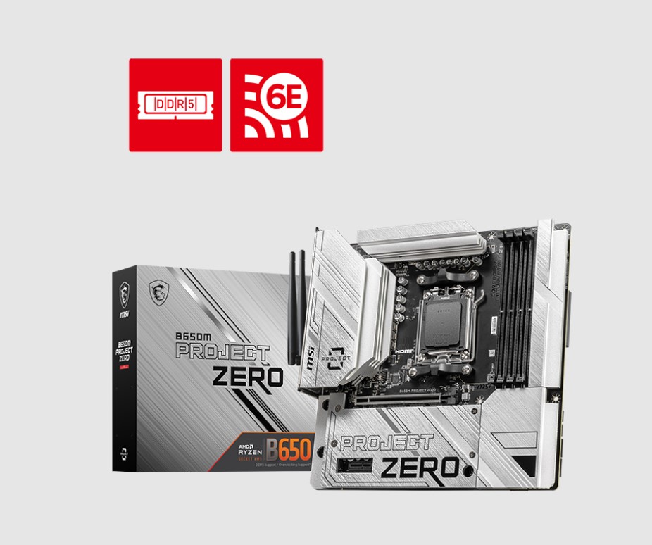 MSI B650M PROJECT ZERO AM5 Motherboard - DDR5 256GB 7600+MHz OC, PCIe 4.0, Dual M.2, USB 3.2 Gen2x2, Wi-Fi 6E, 2.5G LAN, mATX