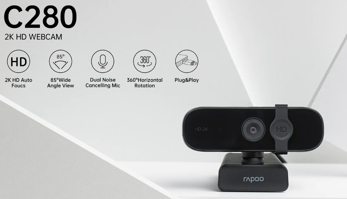 RAPOO C280 2K Webcam with 85° Wide-Angle Lens, Dual Noise-Canceling Microphones, 360° Rotation, USB Plug & Play for Zoom, Teams, Google Meet, Windows Hello