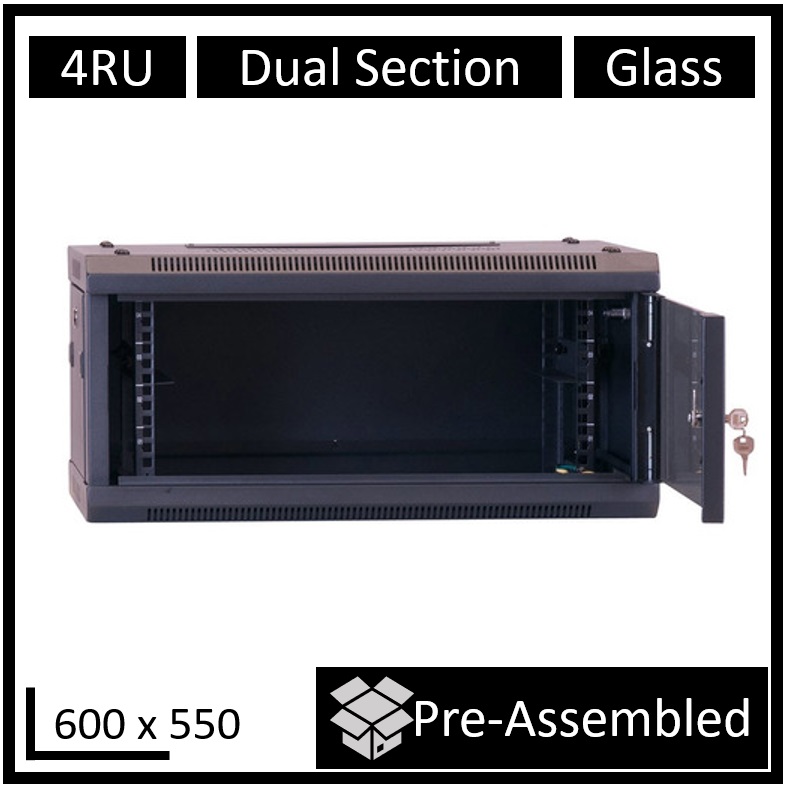 LDR Assembled 4U Hinged Wall Mount Cabinet 600x550mm Black Metal Glass Door IP20 Indoor Protection
