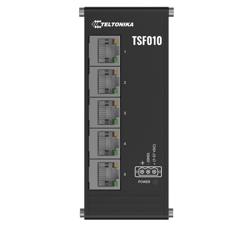Teltonika TSF010 Flat Ethernet Switch - 5 Port 10/100 Mbps, 3-Pin Power Input 7-57 VDC, Compact Industrial DIN-Rail Mount