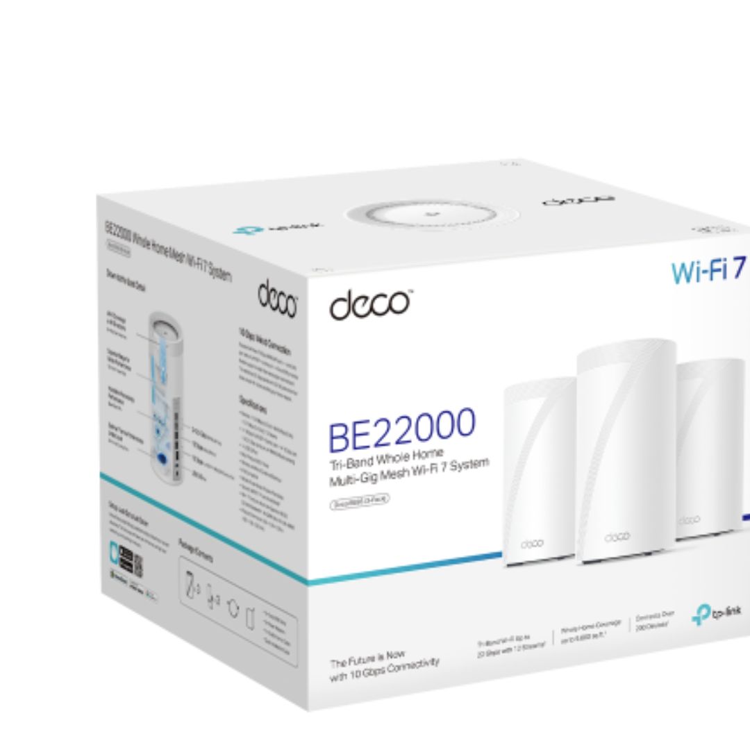 TP-Link Deco BE85 3-Pack Tri-Band Wi-Fi 7 Mesh System BE22000 with 10 Gbps Multi-Gigabit Ports, 22 Gbps Aggregate Speed, Wireless + Wired Backhaul