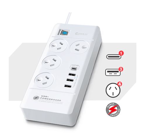 Sansai 4 Outlet Powerboard with 3x USB-A & 1x USB-C Ports, Master On/Off Switch, Surge Protected, 1M Lead 20W USB-C Fast Charging