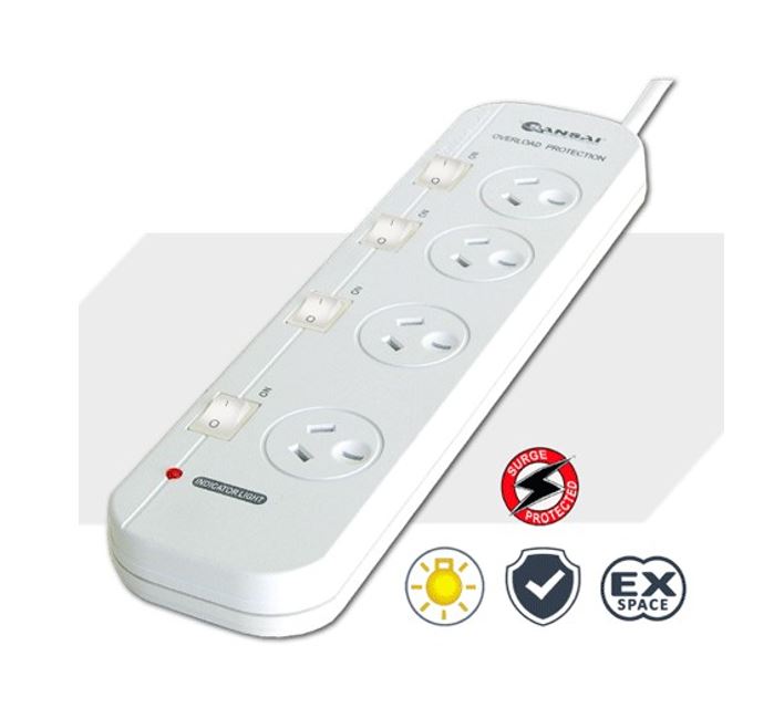 Sansai 4-Way Power Board PAD-421SW with Individual Switches, Surge Protection 175J & 2 Extra Spaced Sockets, 100cm Lead, 240VAC 10A