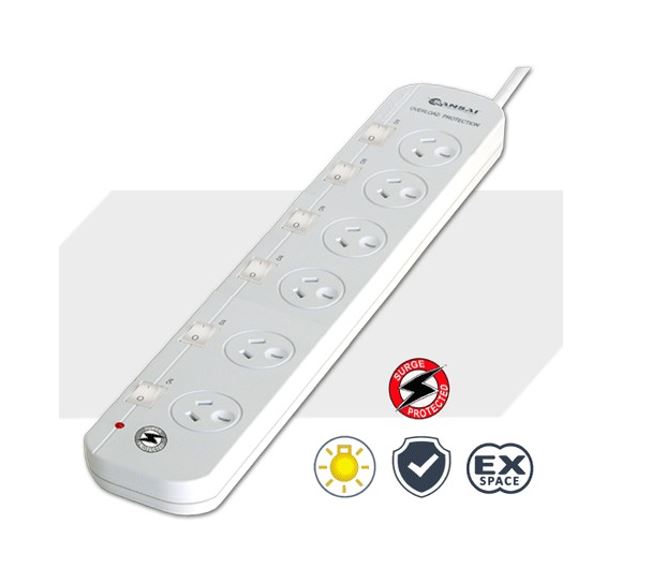 Sansai 6-Way Surge Protected Power Board with Individual Switches, Overload Reset, Indicator Light & 100cm Lead 240VAC 10A