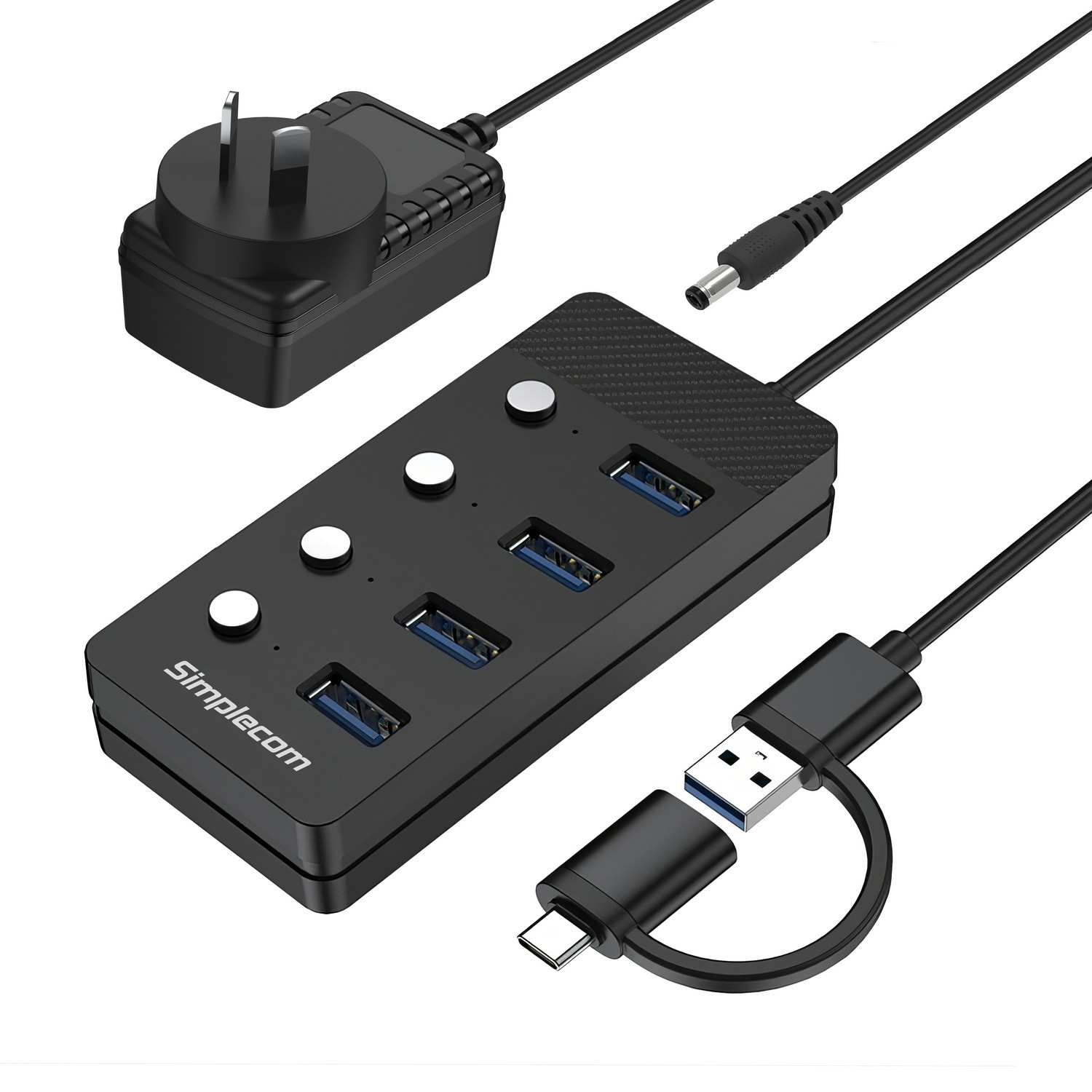 Simplecom CH345C 4-Port USB 3.0 Hub with USB-A and USB-C Connectors, Individual Switches, LED Indicators & 5V 3A Power Adapter - SuperSpeed 5Gbps
