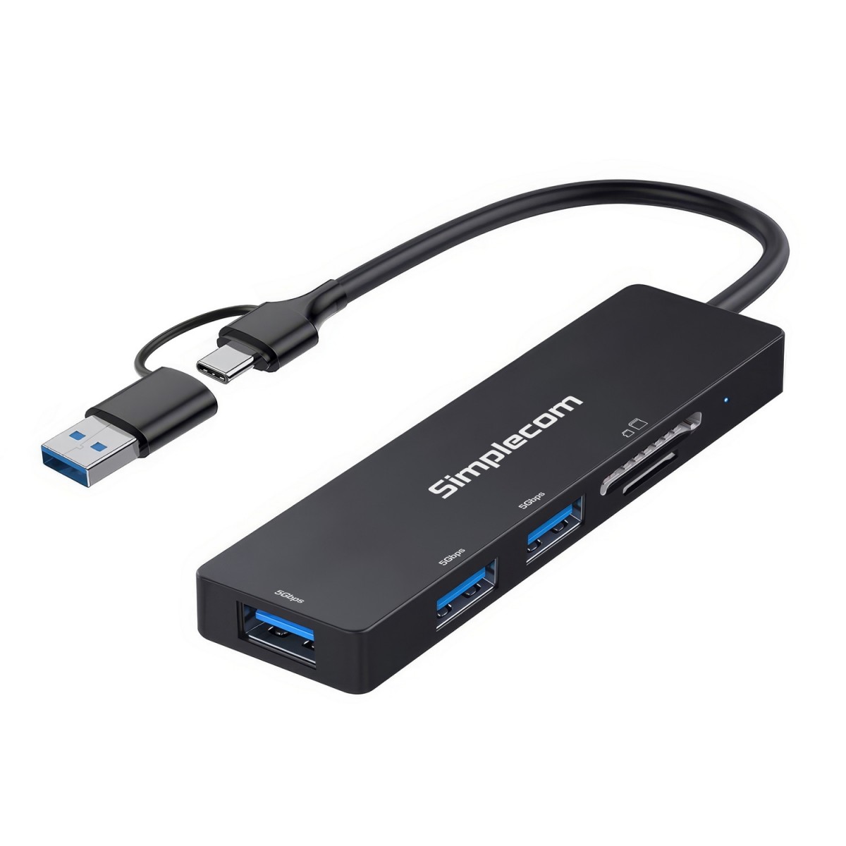 Simplecom CH365C SuperSpeed 3-Port USB Hub with SD MicroSD Card Reader – USB-A & USB-C Dual Connector, 5Gbps Transfer, Plug & Play