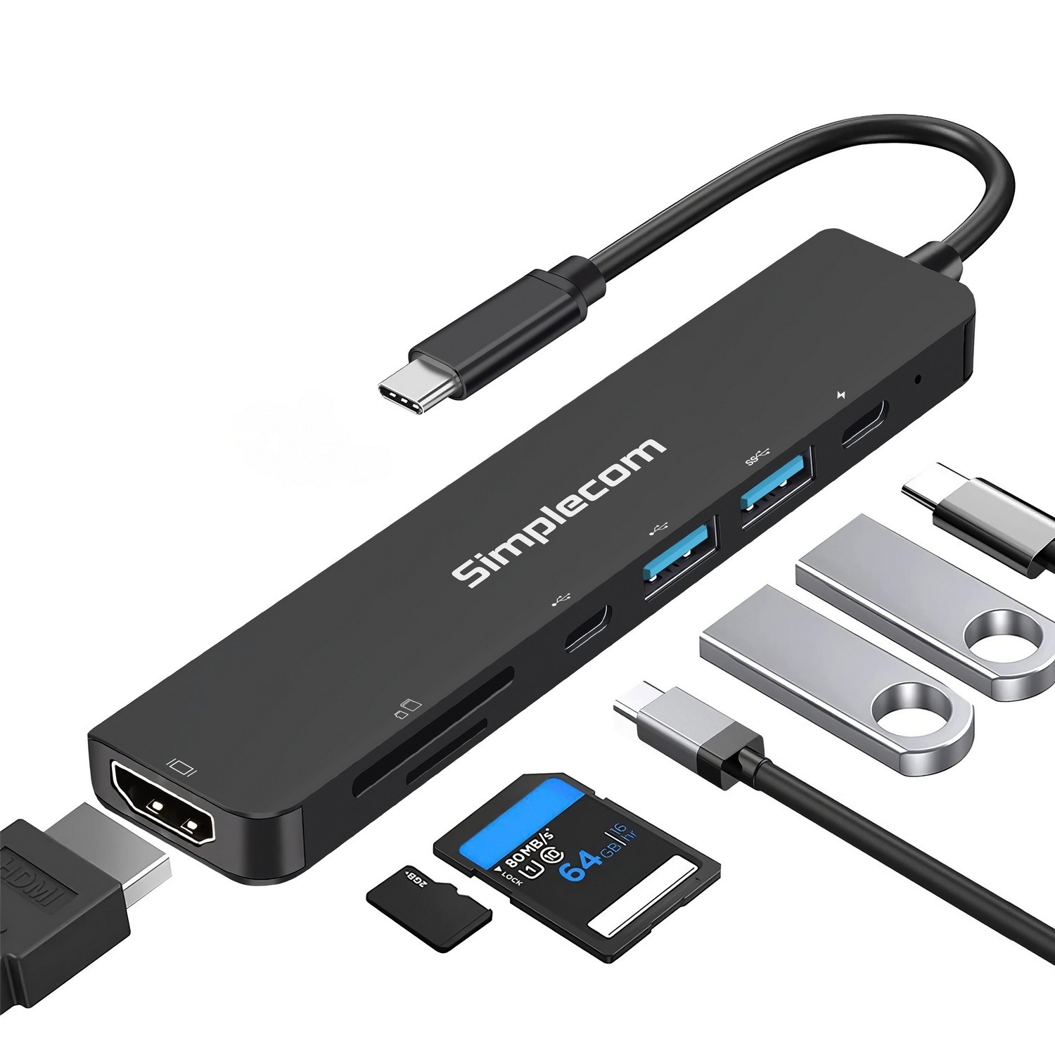 Simplecom CH547 USB-C 7-in-1 Multiport Adapter Hub with HDMI 4K@30Hz, SD/MicroSD Card Reader, USB-C PD 100W Charging, Aluminium Alloy