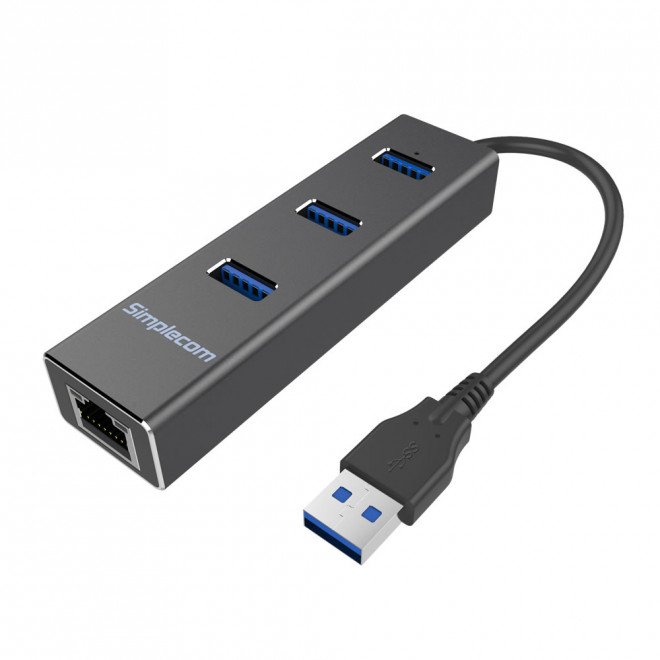 Simplecom CHN410 Aluminium 3 Port USB 3.0 Hub with 1000Mbps Gigabit Ethernet Adapter for PC & MAC