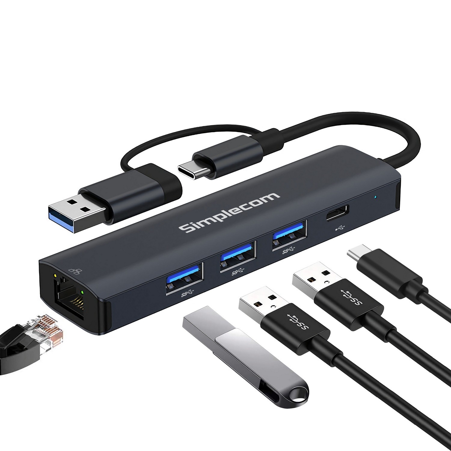 Simplecom CHN436 USB-C & USB-A to 4-Port USB Hub with Gigabit Ethernet Adapter – USB 3.2 Gen 1, ASIX AX88179A Controller, Aluminium Housing