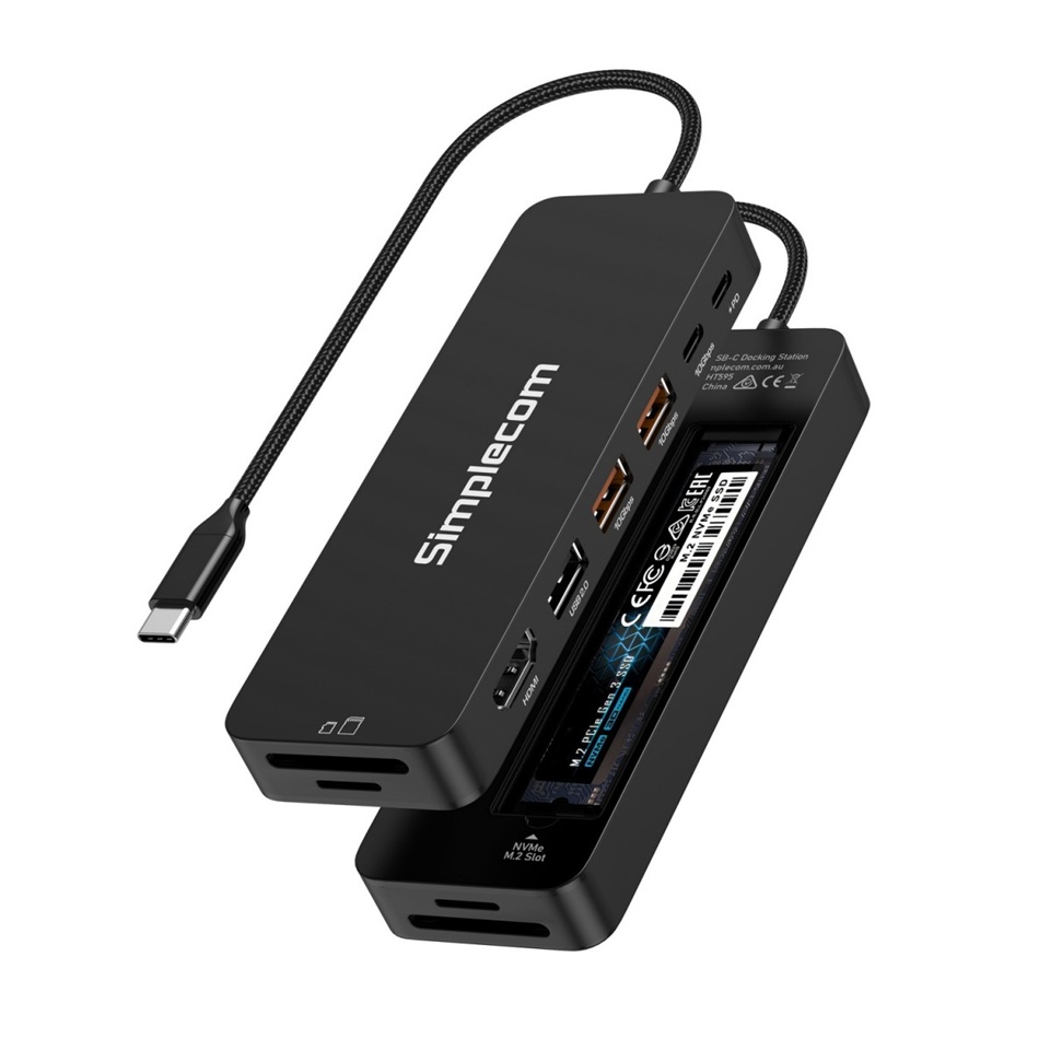 Simplecom CHT595 9-in-1 USB-C Multiport Docking Station with NVMe M.2 Enclosure, 4K@60Hz HDMI, 10Gbps USB-A & USB-C, SD/MicroSD Card Reader, 100W PD Charging