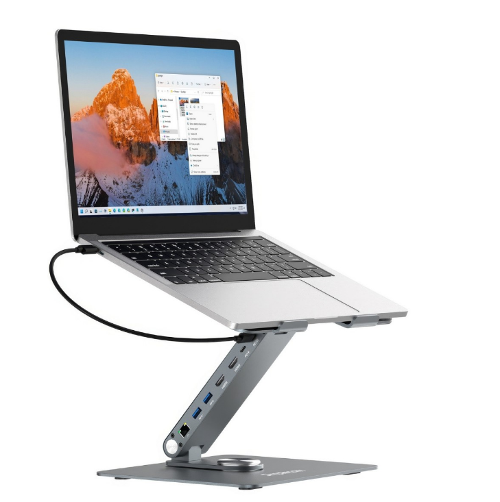 Simplecom CHT660 Adjustable Aluminium Laptop Stand with 6-Port USB-C Docking Station, Dual 4K HDMI, Gigabit Ethernet, and 100W PD Charging - Compatible with 10" to 17" Laptops