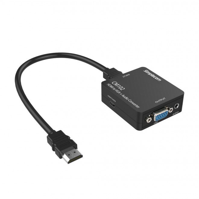 Simplecom CM102 HDMI to VGA + 3.5mm Stereo Audio Converter Adapter - Supports Full HD 1080p, Detachable 50cm HDMI Cable, HDCP Compliant