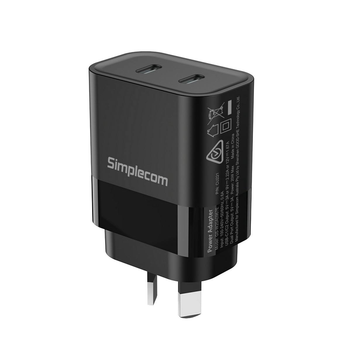 Simplecom CU221 Dual USB-C Fast Wall Charger 20W PD3.0 for Phones and Tablets - Compact, Dual Port, Overheat Protection