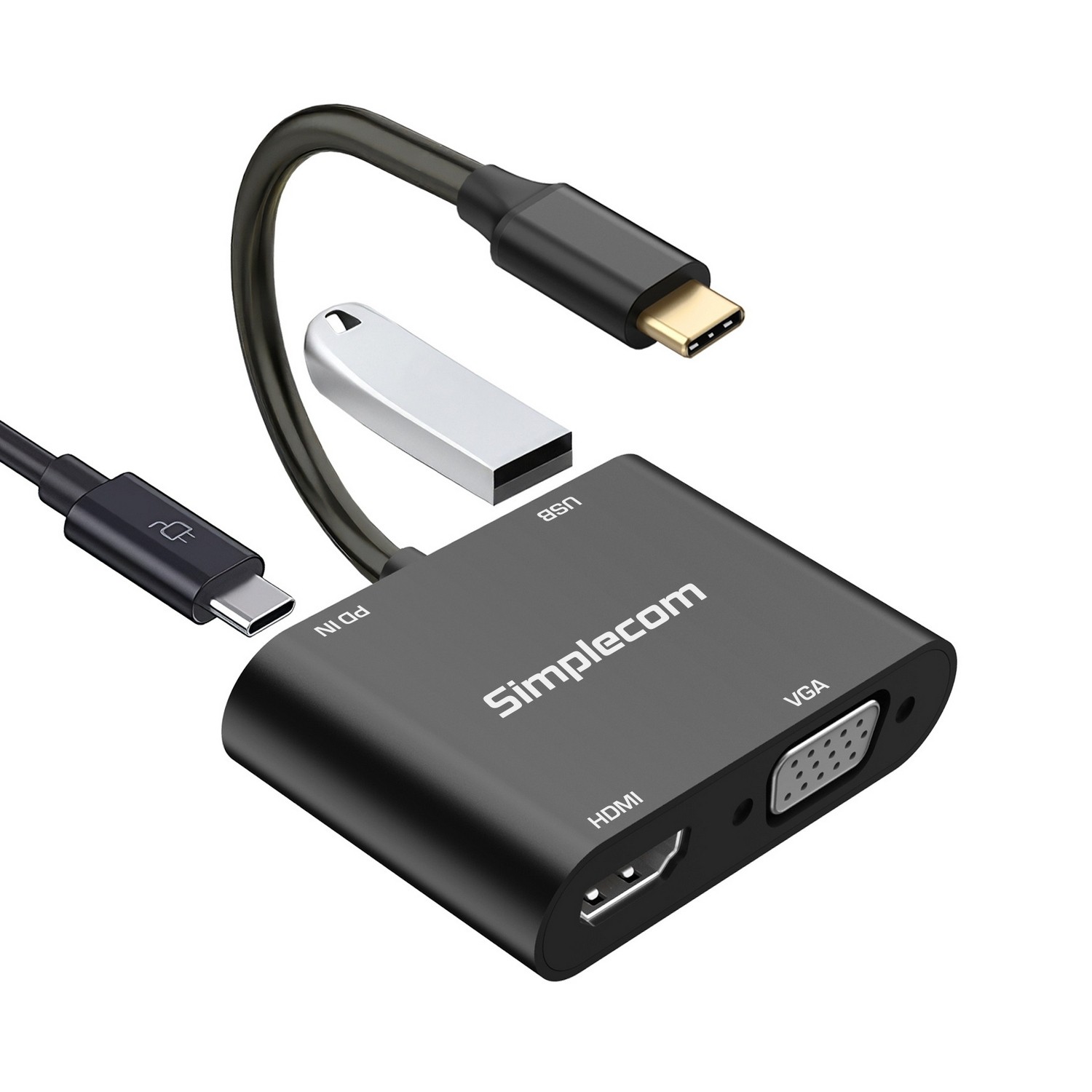 Simplecom DA440 4-in-1 USB-C Multiport Adapter with Power Delivery, USB 3.0, VGA & HDMI Support up to 4K UHD