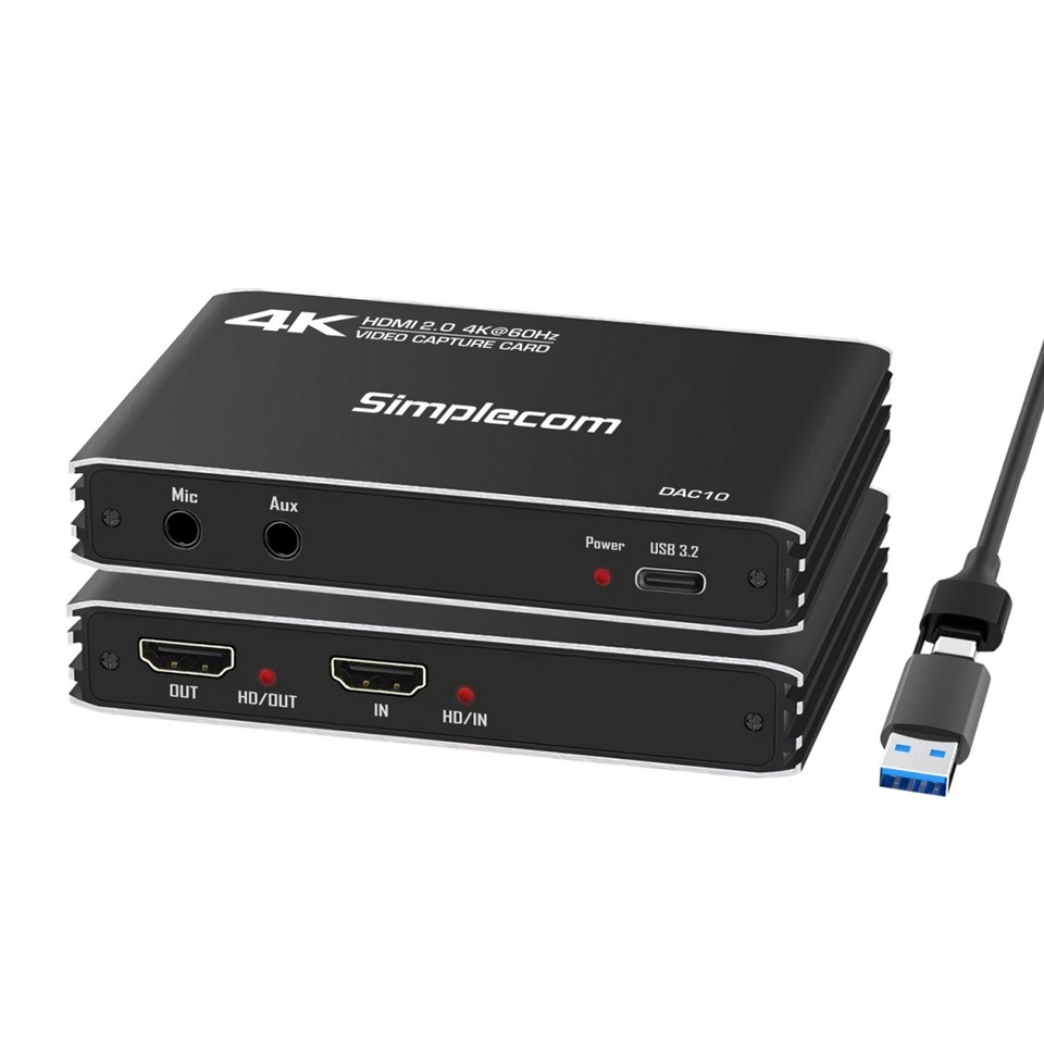 Simplecom DAC10 HDMI 2.0 to USB 3.2 Gen 2 4K60Hz Video Capture Card with HDR10, VRR, Mic Input & USB-C Plug and Play