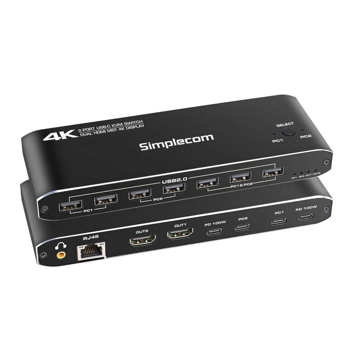 Simplecom KM590 2-Port USB-C Dual 4K HDMI KVM Switch & Docking Station with Ethernet & PD Charging