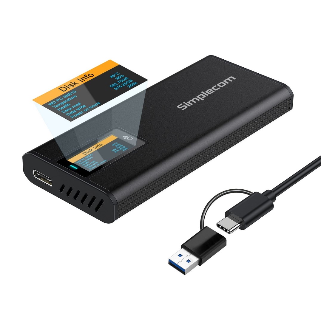 Simplecom SE530 USB 3.2 Gen 2 M.2 SSD Enclosure with SMART LED Screen | NVMe & SATA (2242/2260/2280) | Tool-Free Aluminium Case | 10Gbps USB-C