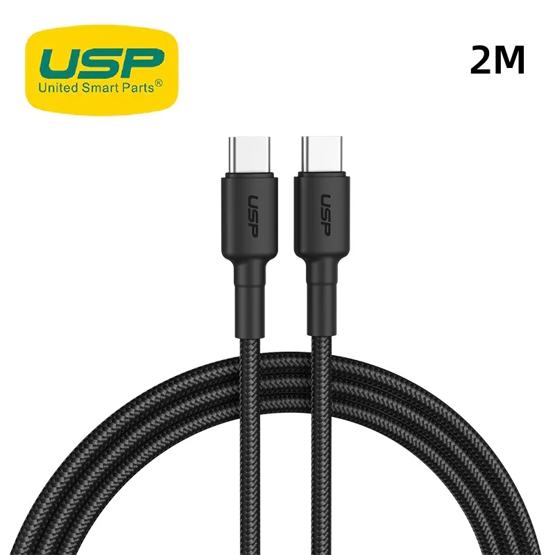 USP BoostUp Braided USB-C to USB-C Cable 2M Black - 3A/60W Fast Charging, Durable Nylon Braid, Reinforced Joints for Samsung, Apple, Google & More