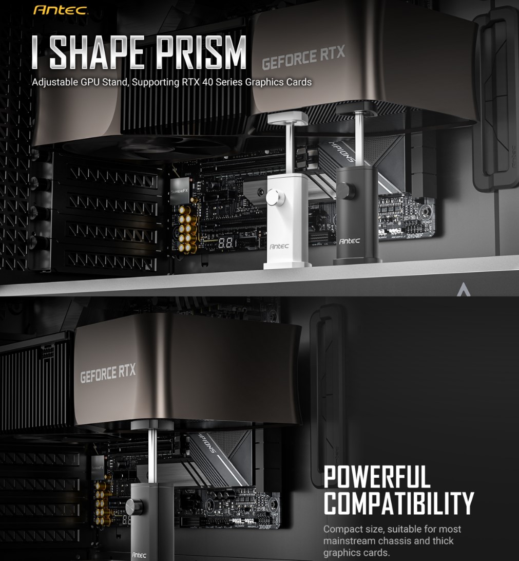 Antec IGPU VGA Bracket Holder - Black Aluminum Alloy with Magnetic Non-Slip Base & Tool-Free Adjustable Support for Large GPUs RTX 4090, Radeon 7790X Compatible