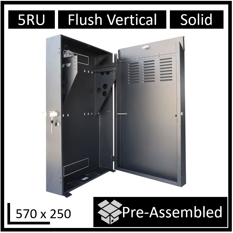 LDR Assembled 5U Flush Wall Mount Vertical Cabinet - Black Metal 19" Rack with 4U Gear & 2U Patch Panel Mount - Compact Wall-Mount Network Cabinet