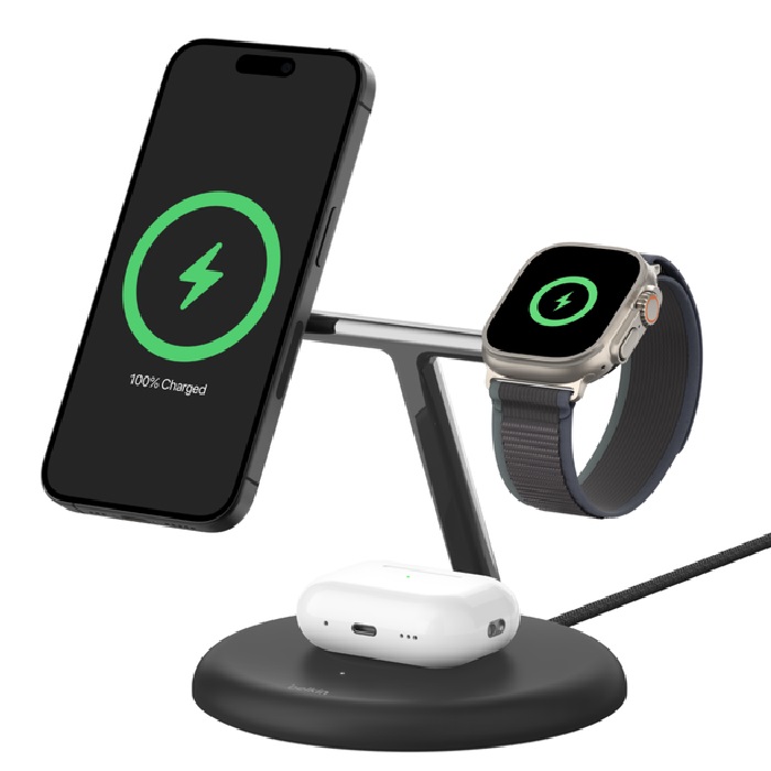Belkin BoostCharge Pro 3-in-1 Magnetic Qi2 Wireless Charging Stand with 36W USB-C Power Supply – 15W Fast Charging for iPhone, Apple Watch & AirPods, Black