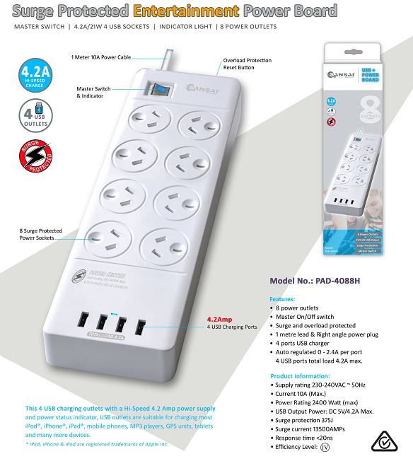 Sansai PAD-4088H Surge Protected Powerboard with 8 AC Outlets & 4 USB Charging Ports, Master On/Off Switch, 1m Lead & Right Angle Plug 230-240VAC
