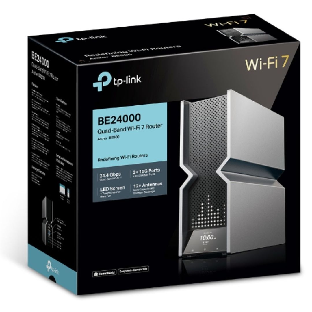 TP-Link Archer BE900 BE24000 Quad-Band Wi-Fi 7 Router with Dual 10G WAN/LAN, 24.4 Gbps Speed & Touchscreen LED Display