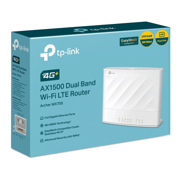 TP-Link Archer MX700 4G+ LTE Cat6 AX1500 Dual Band Wi-Fi 6 Router with Nano SIM, Gigabit LAN/WAN, and EasyMesh Compatibility