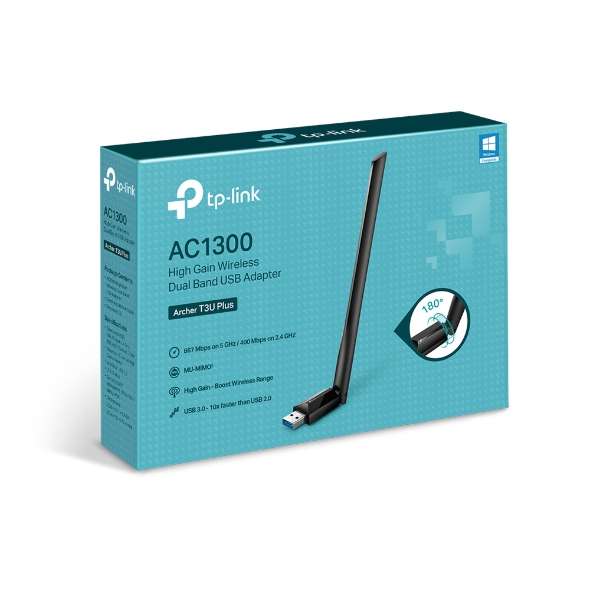 TP-Link Archer T3U Plus AC1300 High Gain Dual Band USB 3.0 Wi-Fi Adapter - 867Mbps 5GHz + 400Mbps 2.4GHz, MU-MIMO & External High-Gain Antenna