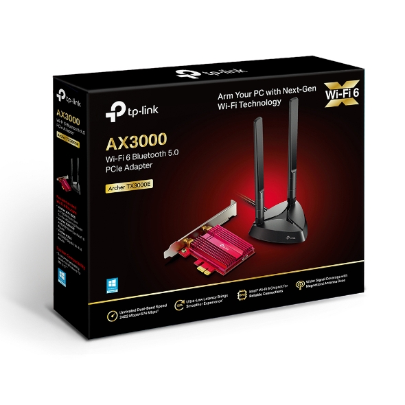 TP-Link Archer TX3000E AX3000 Wi-Fi 6 PCIe Adapter with Bluetooth 5.0, Dual-Band Wireless up to 2402 Mbps + 574 Mbps, WPA3 Security, Heatsink, and Magnetized Antennas
