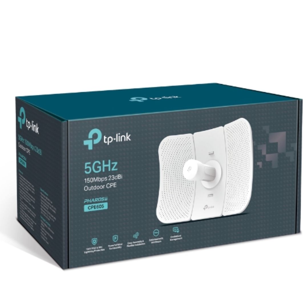 TP-Link CPE605 5GHz 150Mbps Outdoor CPE with 23dBi High-Gain Directional Cassegrain Antenna, Qualcomm 560MHz CPU, IP65 Weatherproof, 30+ km Range, 1 FE Port