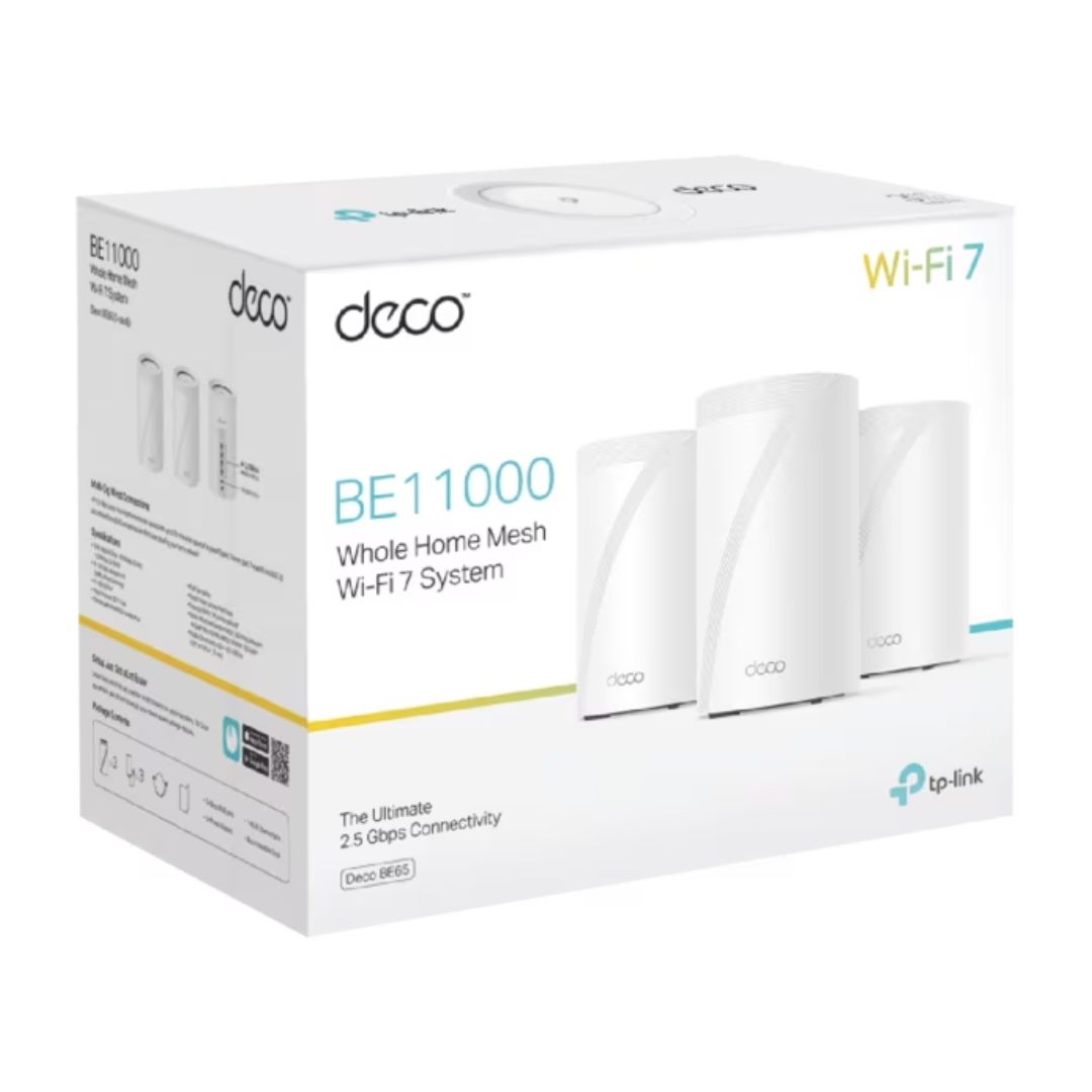 TP-Link Deco BE65(3-pack) BE11000 Tri-Band Wi-Fi 7 Whole Home Mesh System with 2.5 Gbps Wired Ports & Multi-Link Operation