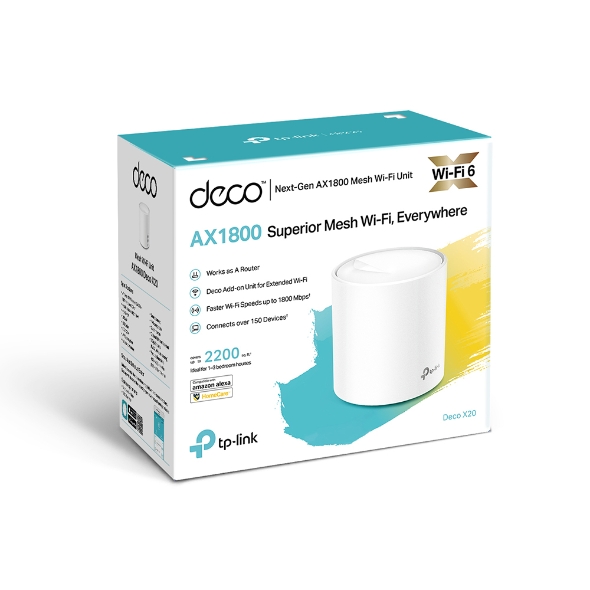 TP-Link Deco X20 AX1800 Whole Home Mesh Wi-Fi 6 System - Dual Band 1201Mbps 5GHz & 574Mbps 2.4GHz, OFDMA, MU-MIMO, WPA3, Seamless Coverage up to 200 sqm (1-Pack)