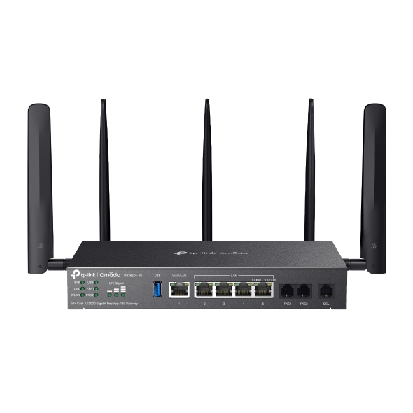 TP-Link DR3650v-4G Omada AX3000 Wi-Fi 6 Gigabit Desktop DSL Gateway with 4G+ Cat6 Dual Nano-SIM, VDSL2 350Mbps, VoIP Support